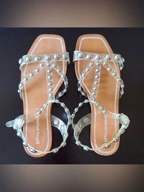 Jeffrey Campbell Silver Studded T-Strap Flat Sandals